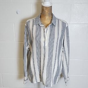 Linen & Cotton Lagenlook Natural & Navy Casual 1/4 Button Down Shirt Tunic